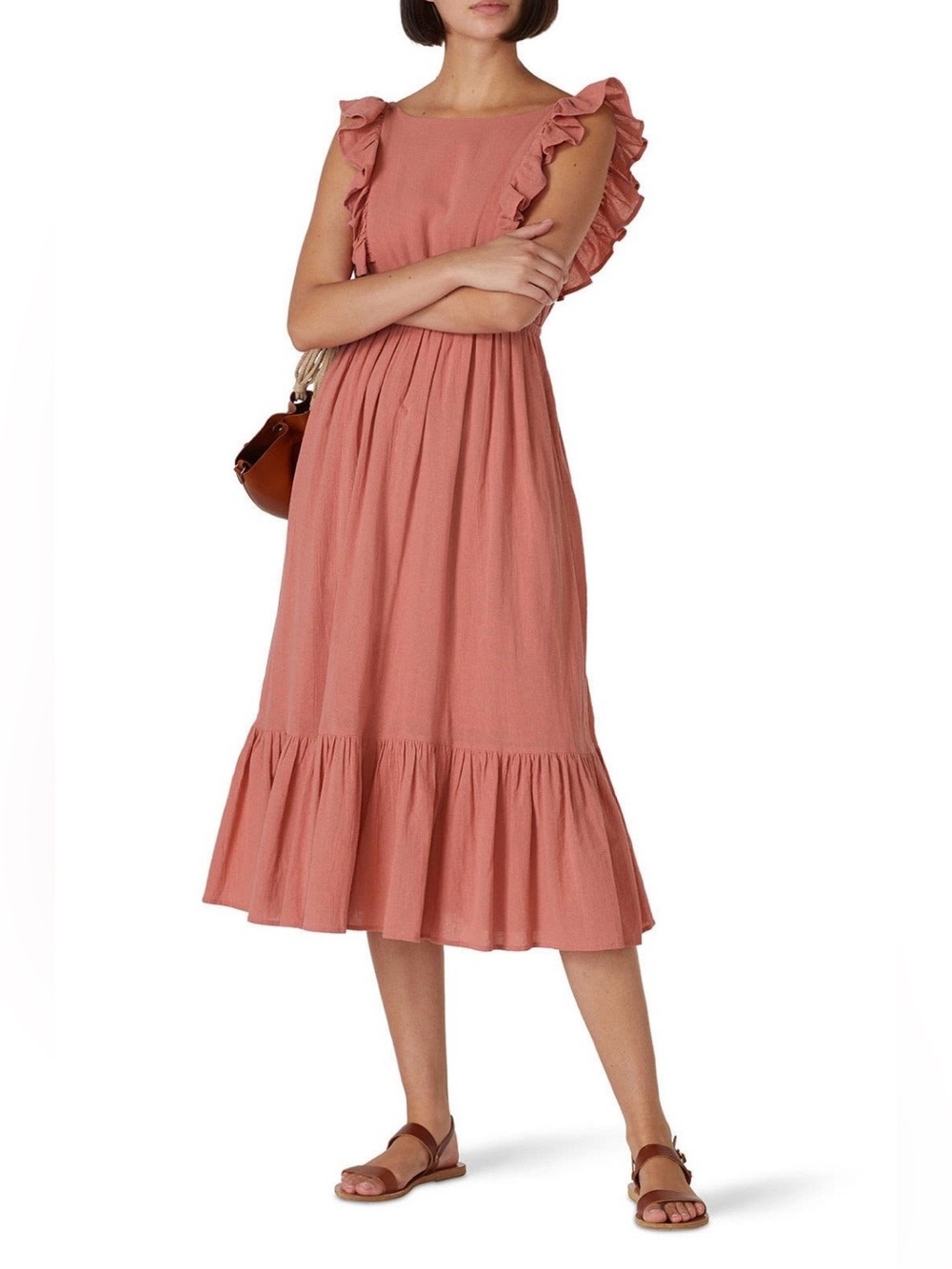 ba&sh~Salmon Pink Blush Ruffle-Trim Midi Dress~Size Small~$250~